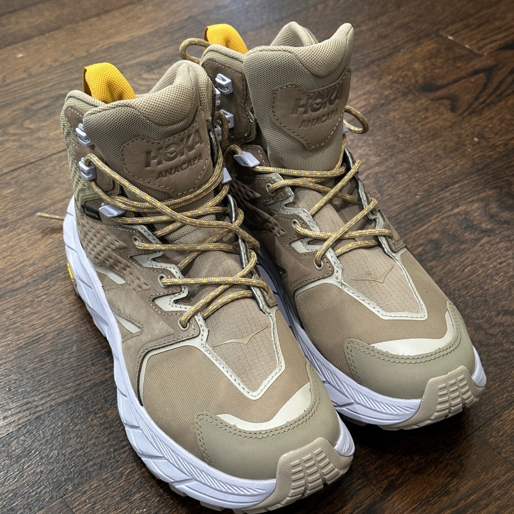 Hoka Beige and Yellow Trail Boots